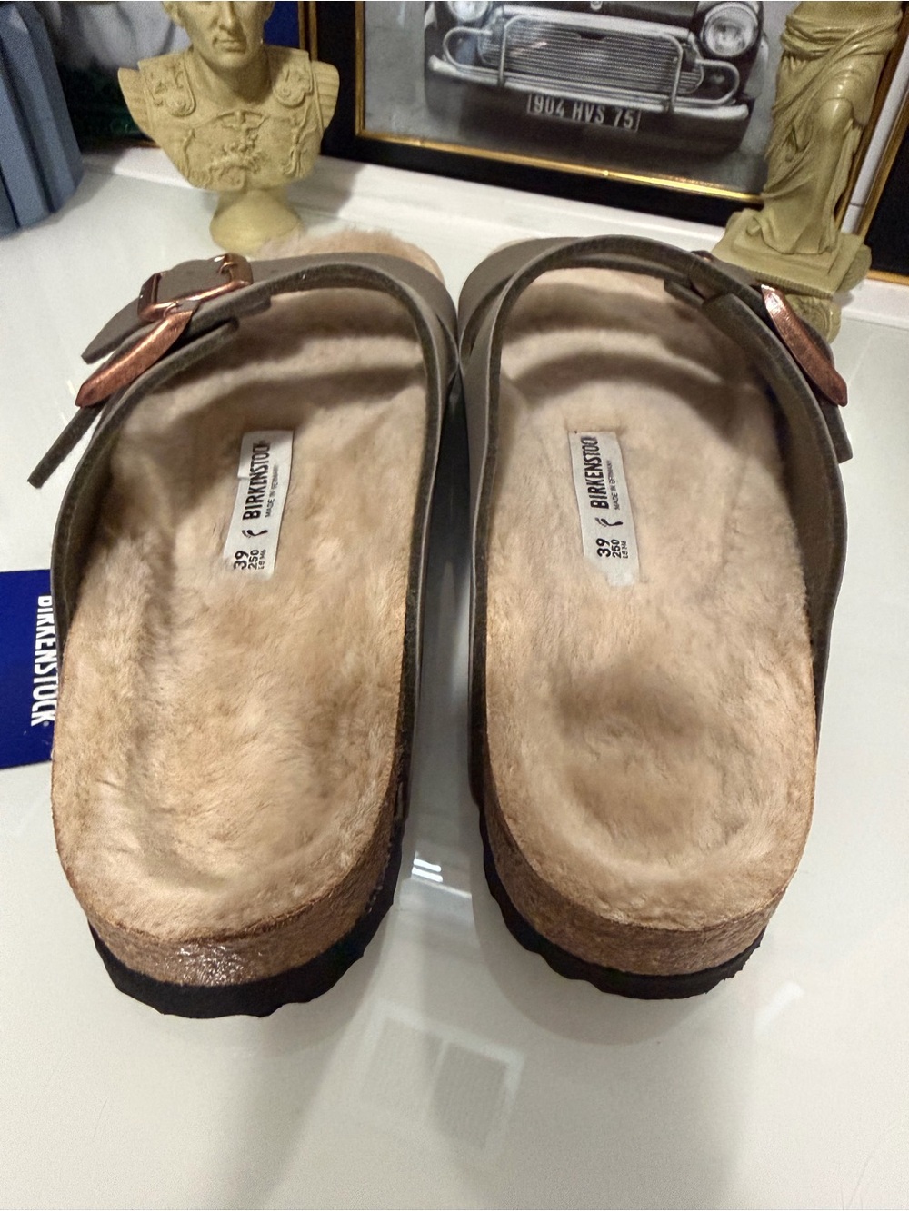 Birkenstock Women’s Taupe Two-Strap Sandals with Rose Gold Buckles - Shearling! - Picture 4 of 9